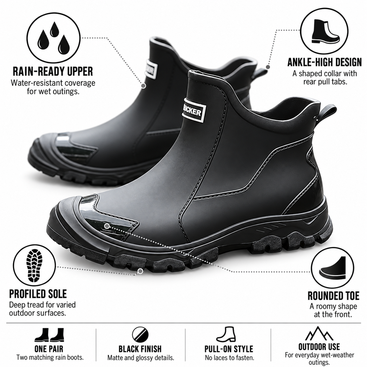 Waterproof Ankle Rain Boots with Treaded Sole