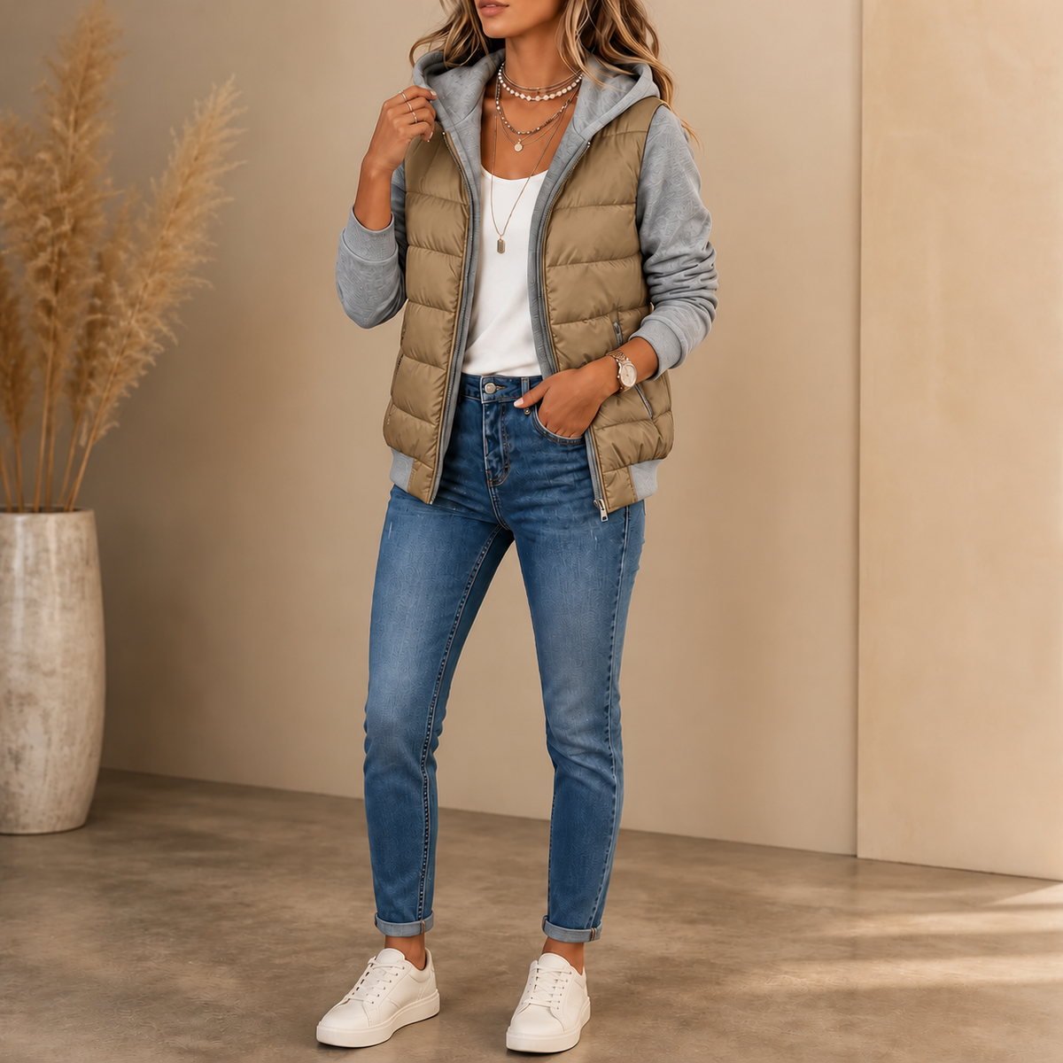 Mixed-Media Quilted Puffer Knit-Sleeve Jacket