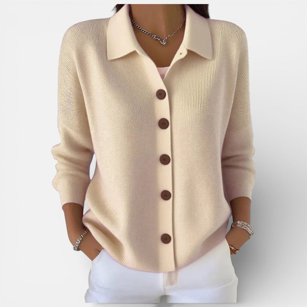 Knit Blouse with Polo Collar and Button Placket