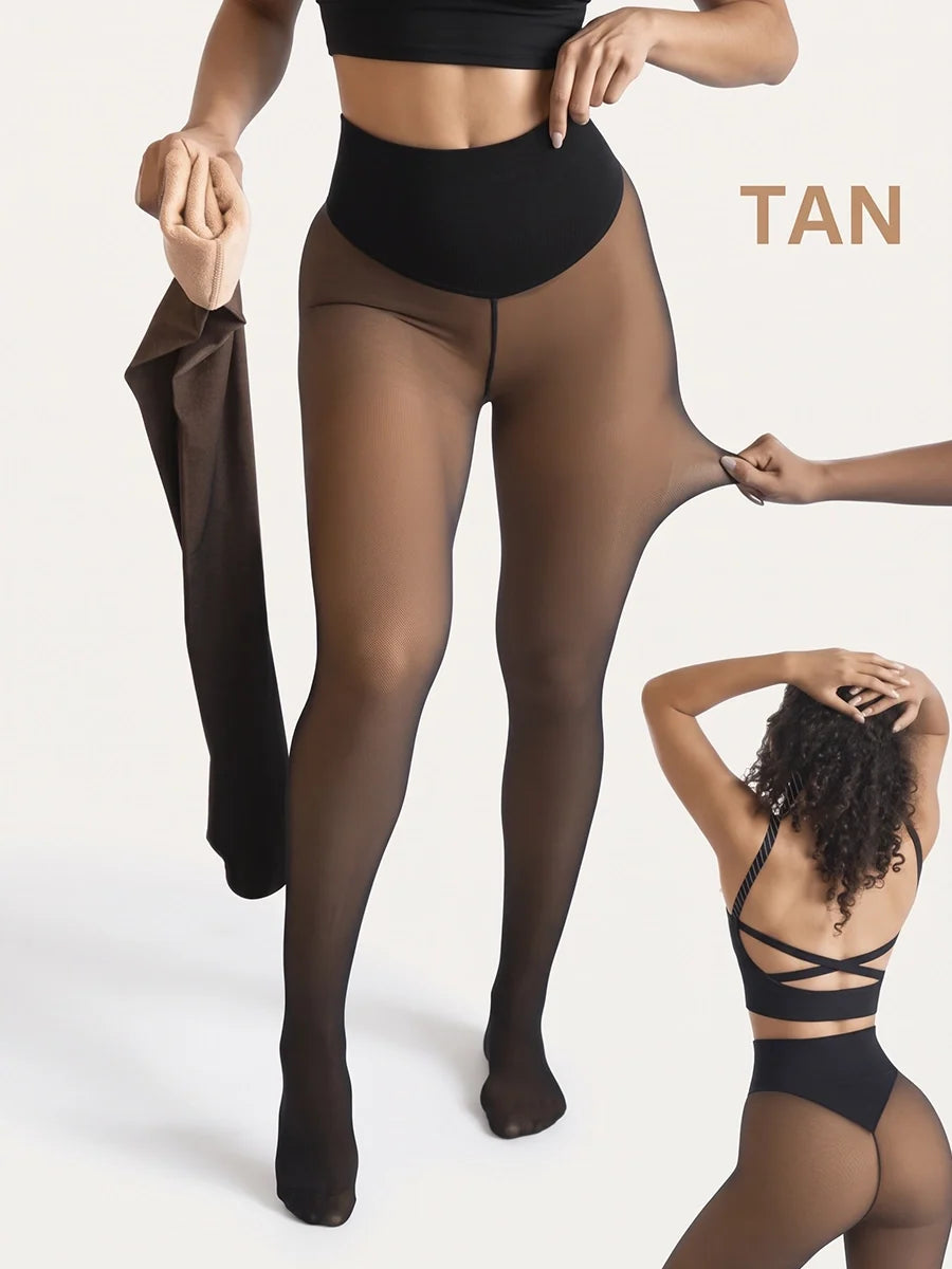 High-Waist Fleece-Lined Faux-Sheer Tights for Winter Outfits