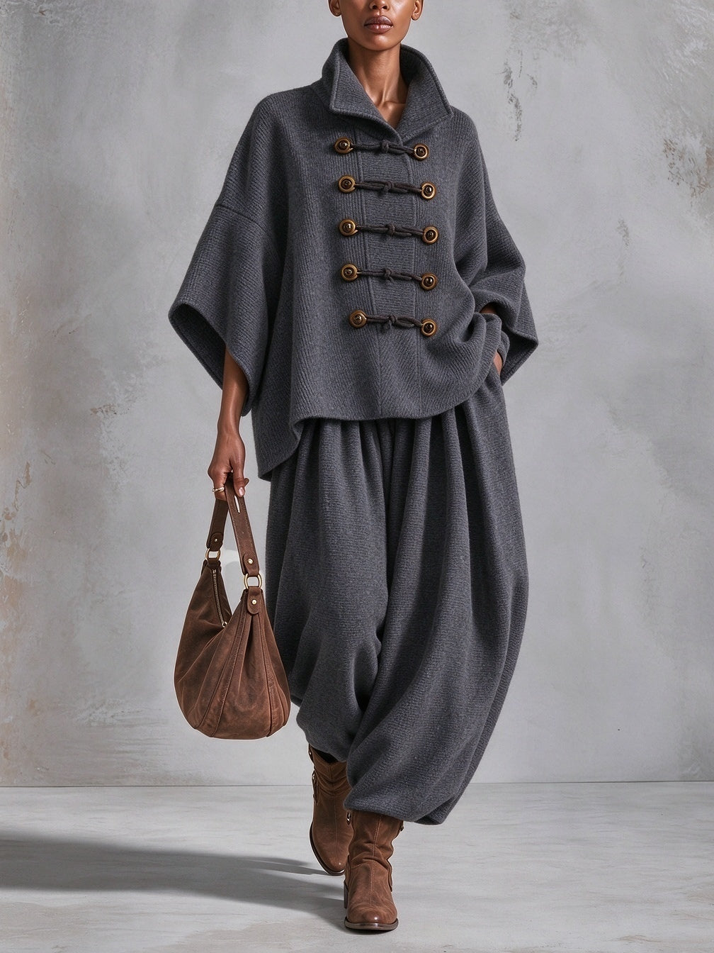 Oversized Layered-Collar Toggle-Fastening Top and Wide-Leg Trousers Set