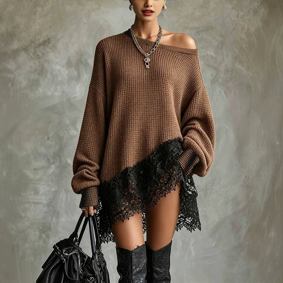Women's Off-Shoulder Lace Trim Sweater Dress