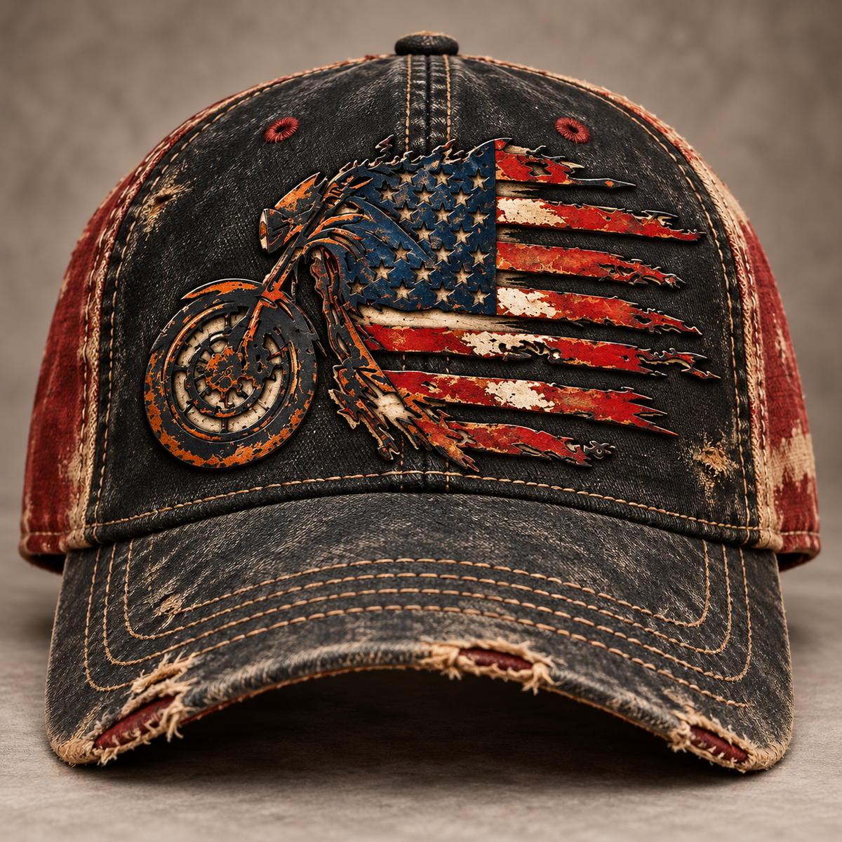 Vintage American Flag Motorcycle Baseball Cap – Distressed Retro Biker Hat