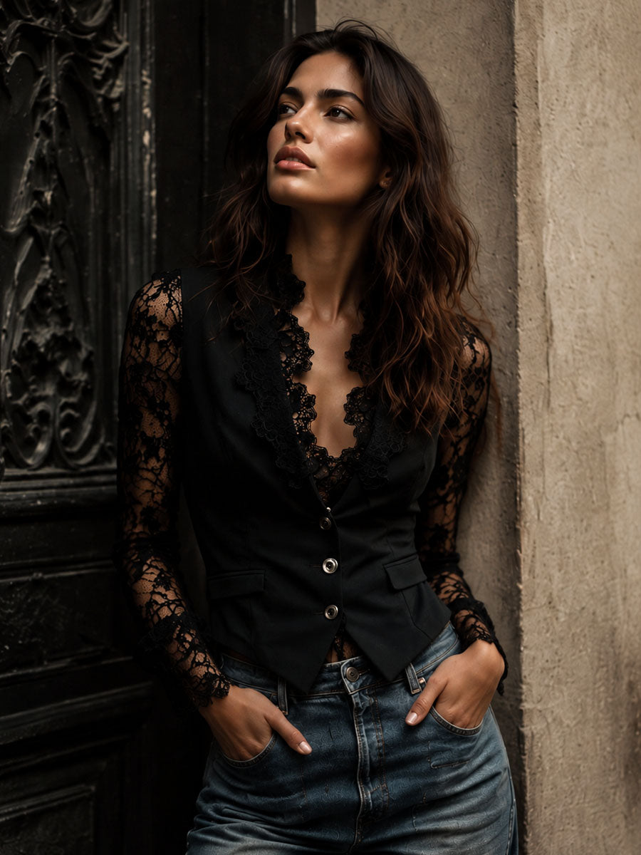 High Black Blazer with Semi-Sheer Sleeves