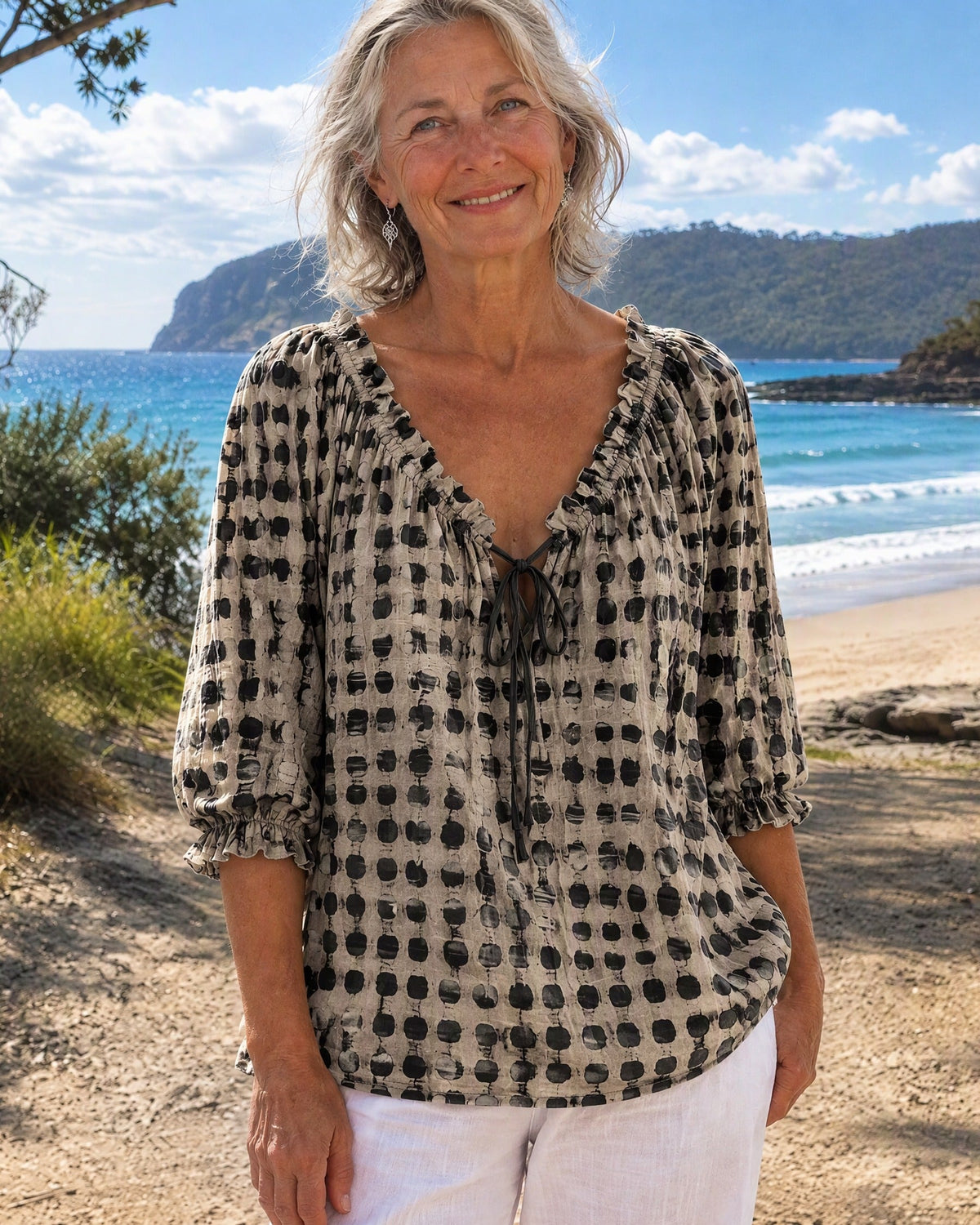Boho Print Tie-Neck Blouse