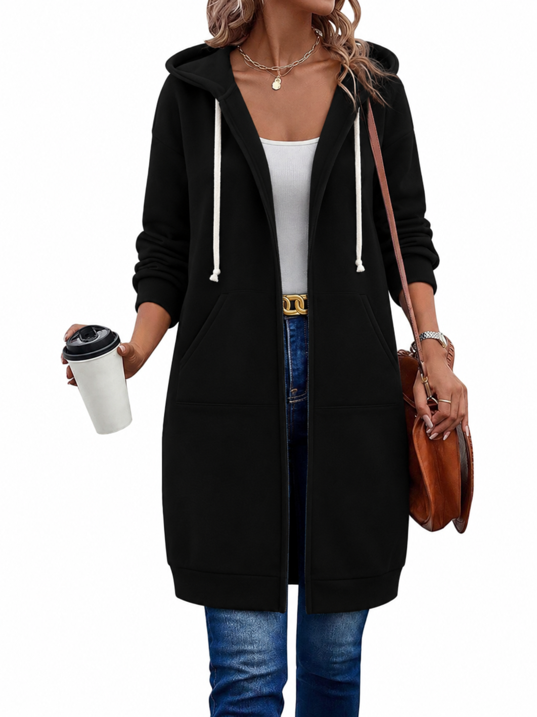 Long Zip Hoodie with Hood Drawstring