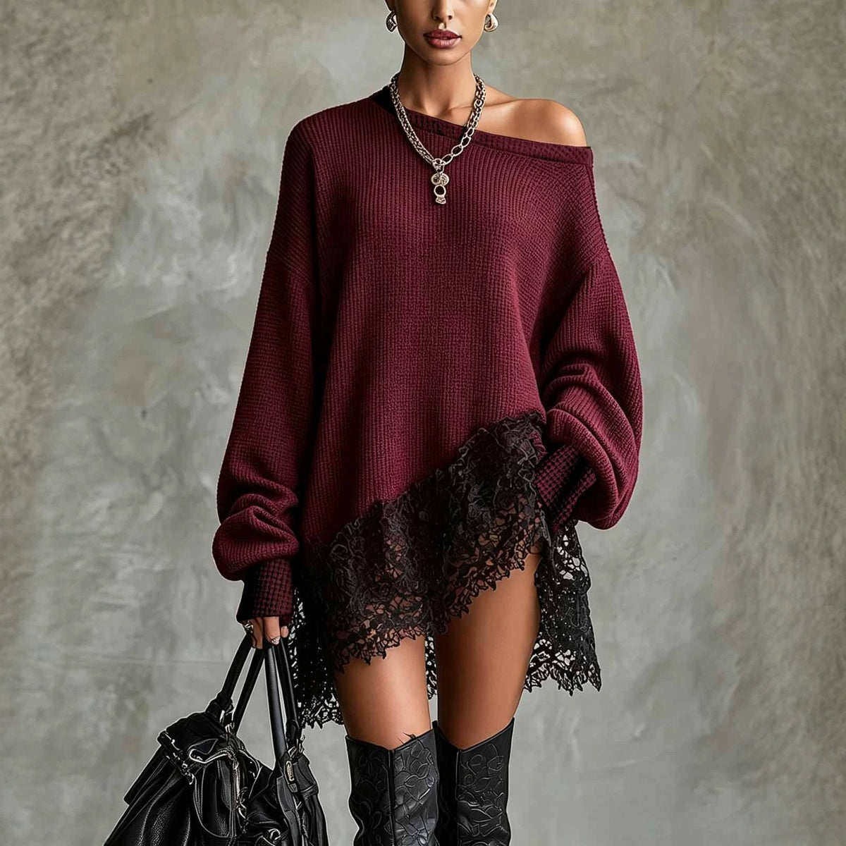 Women's Off-Shoulder Lace Trim Sweater Dress