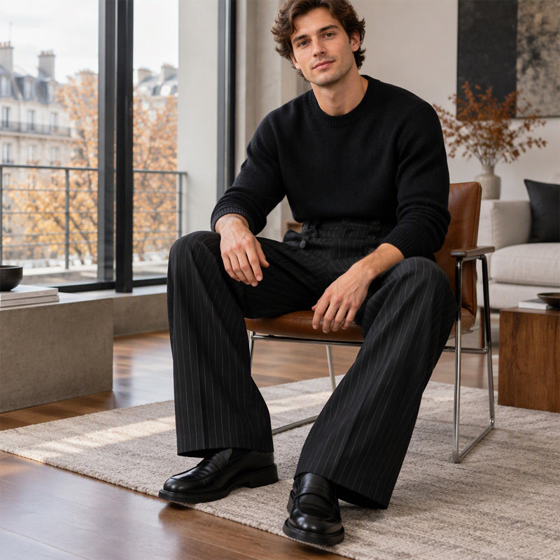 Tailored Waist, Effortless Drape | Men's Double-Breasted High-Waist Pants