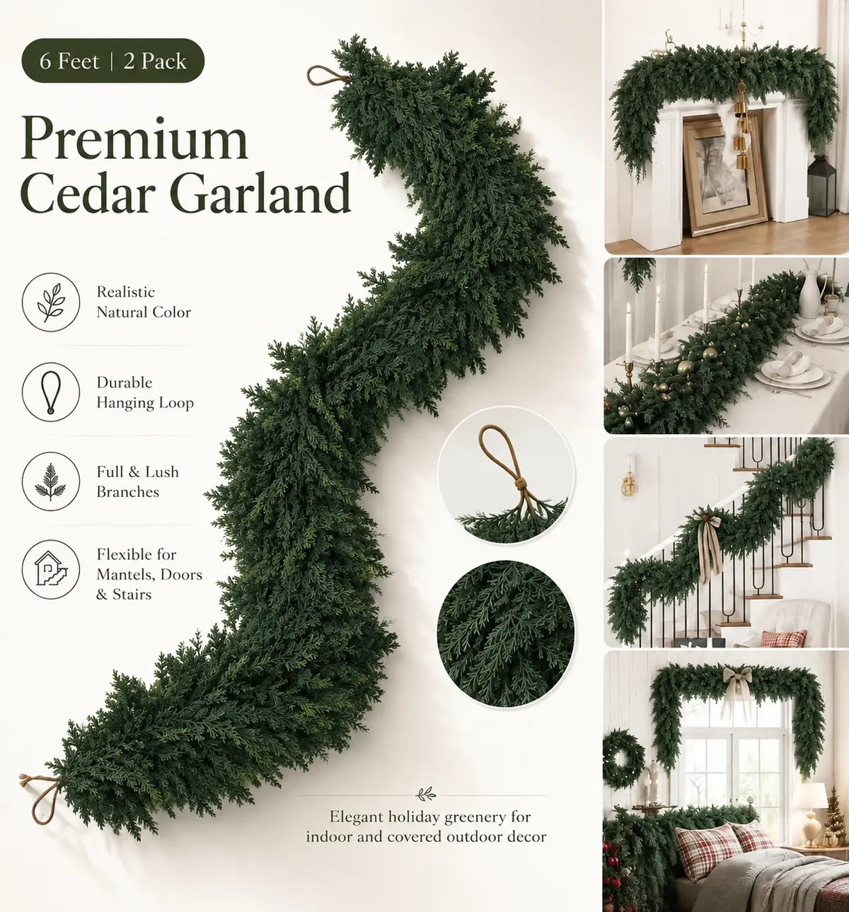 6 FT 2 PCS Artificial Cedar Garlands, Real Touch Winter Cedar Garland