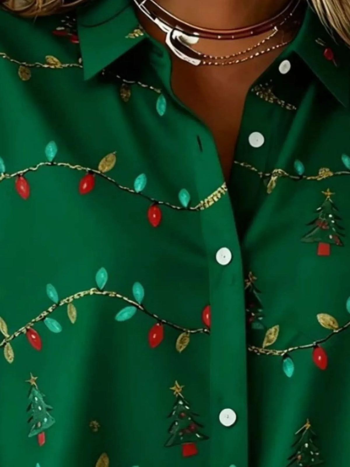 Christmas Tree Print Long Sleeve Button-Down Shirt Plus Size