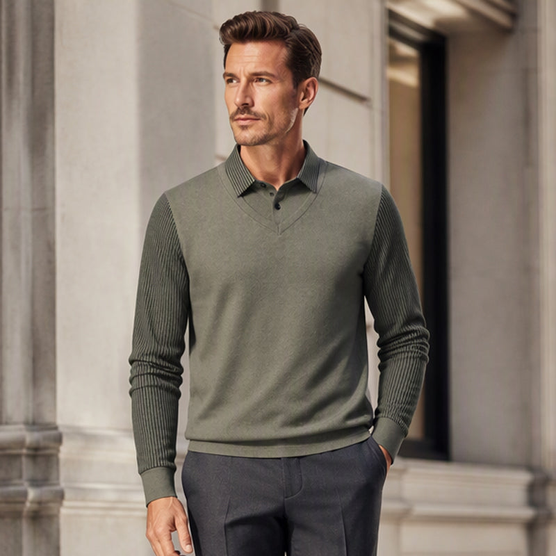 Men's False Two-Piece Long Sleeve Top – Smart Casual Two-Piece Look Without The Fuss