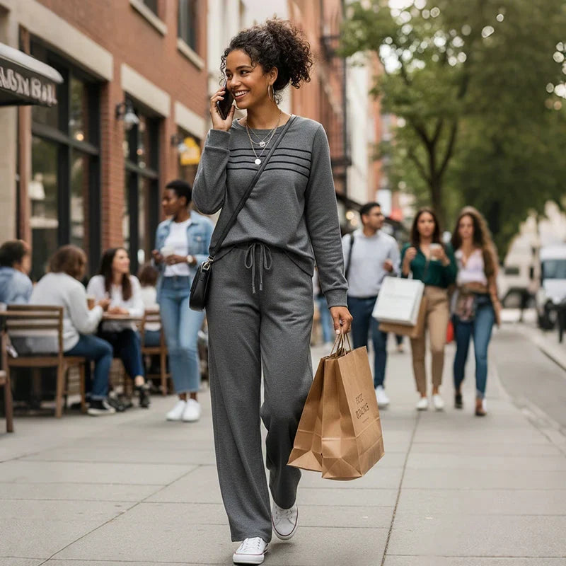 Women's Comfortable and Stylish Set – Round Neck Shirt + Drawstring Trousers
