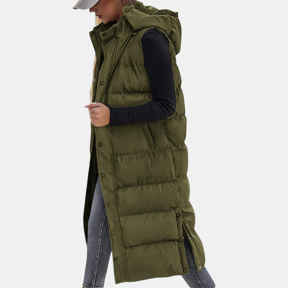 Cornelia Quilted Vest with Hood and Side Slits