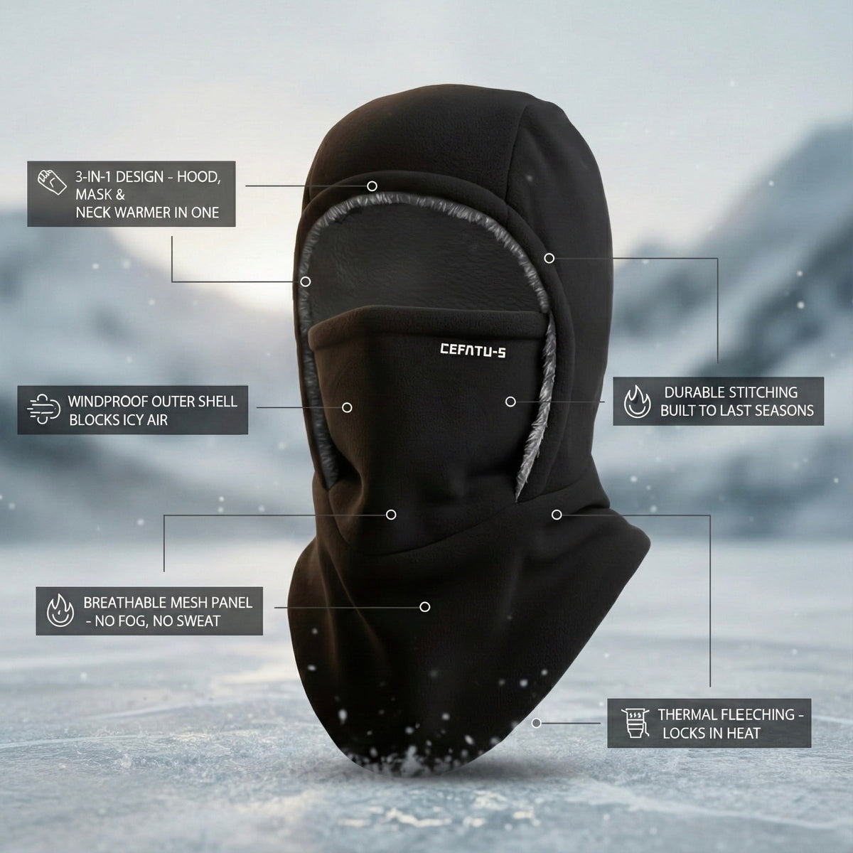 3-in-1 Winter Balaclava - Windproof Hat, Face Mask & Neck Warmer