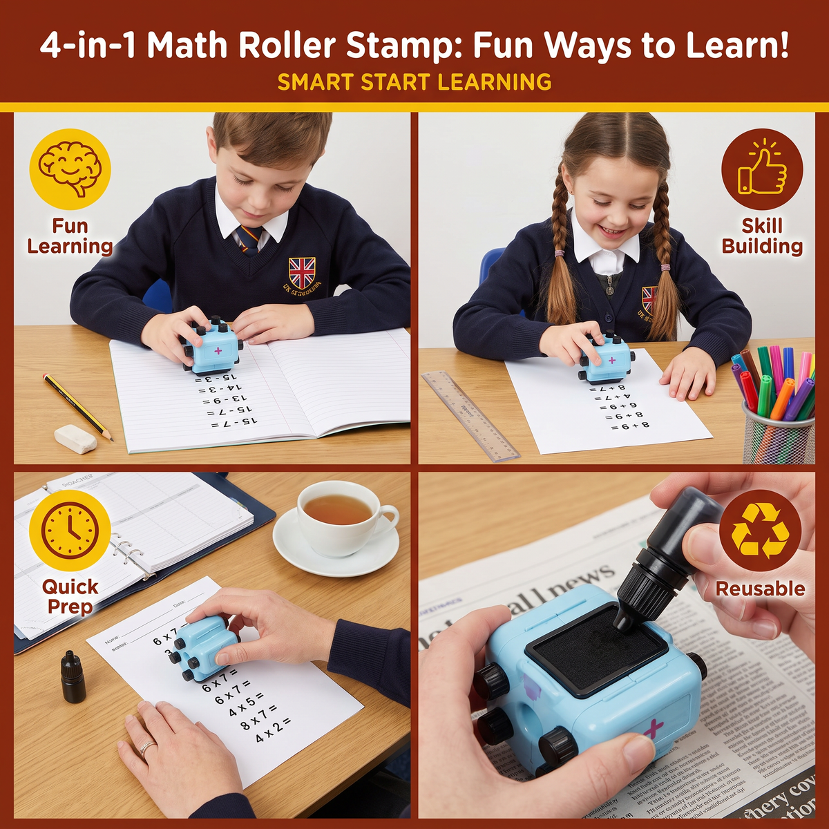 4-in-1 Math Roller Stamp β Addition, Subtraction, Multiplication & Division Practice