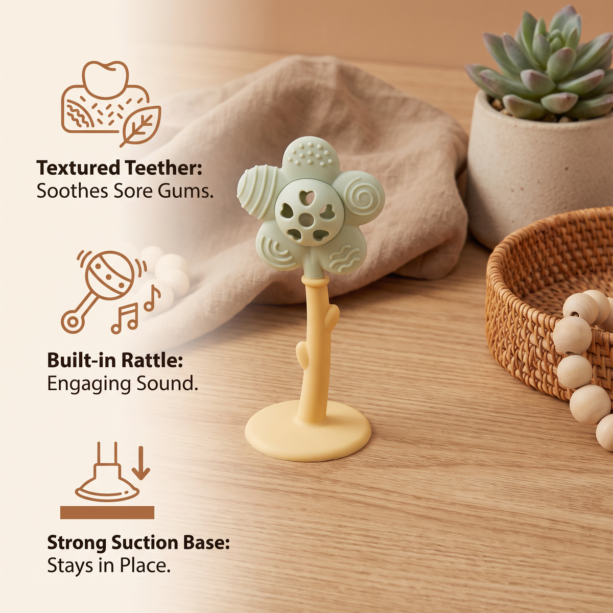2-in-1 Sunflower Baby Teether & Rattle with Suction Base