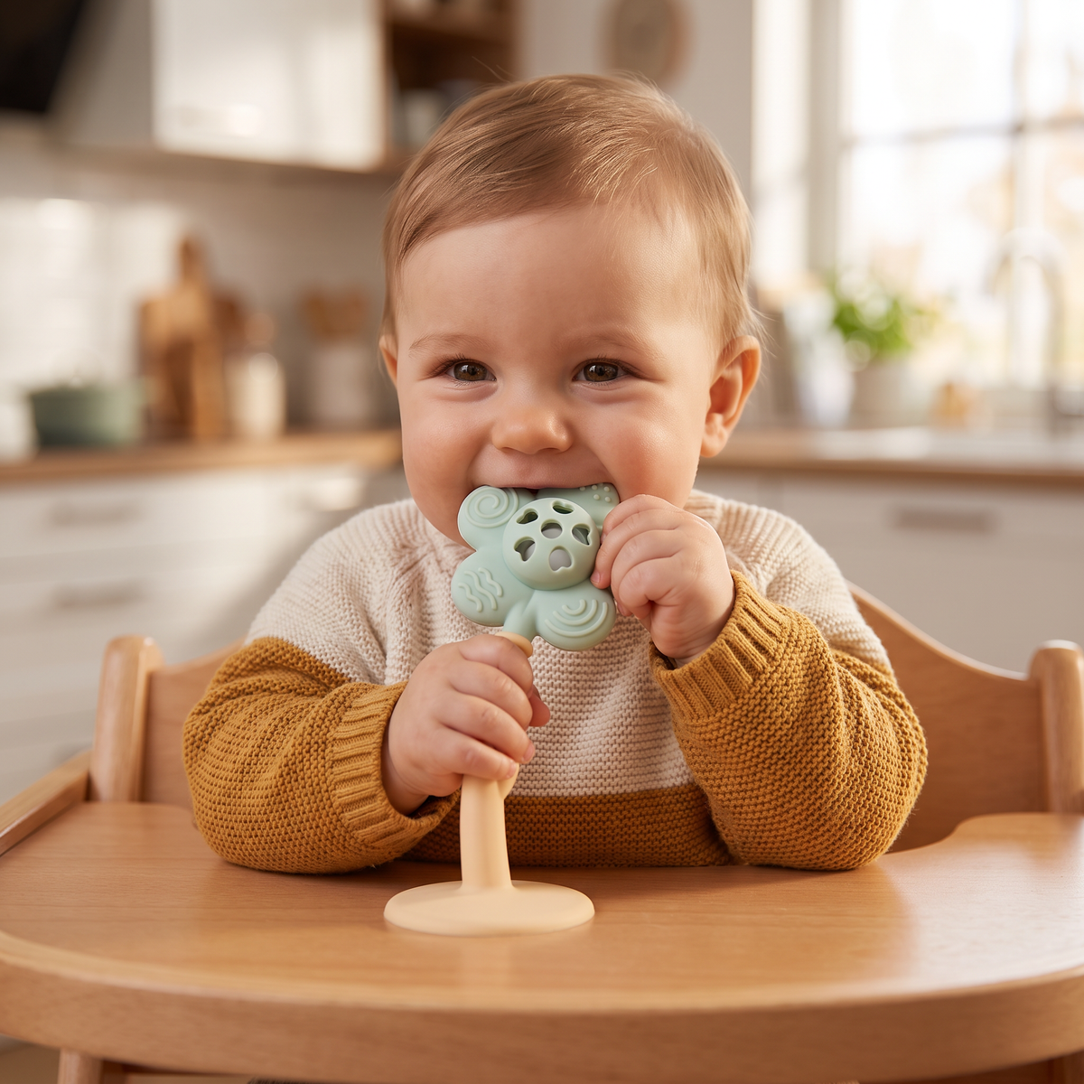 2-in-1 Sunflower Teething Ring & Rattle for Babies with Suction Cup Base