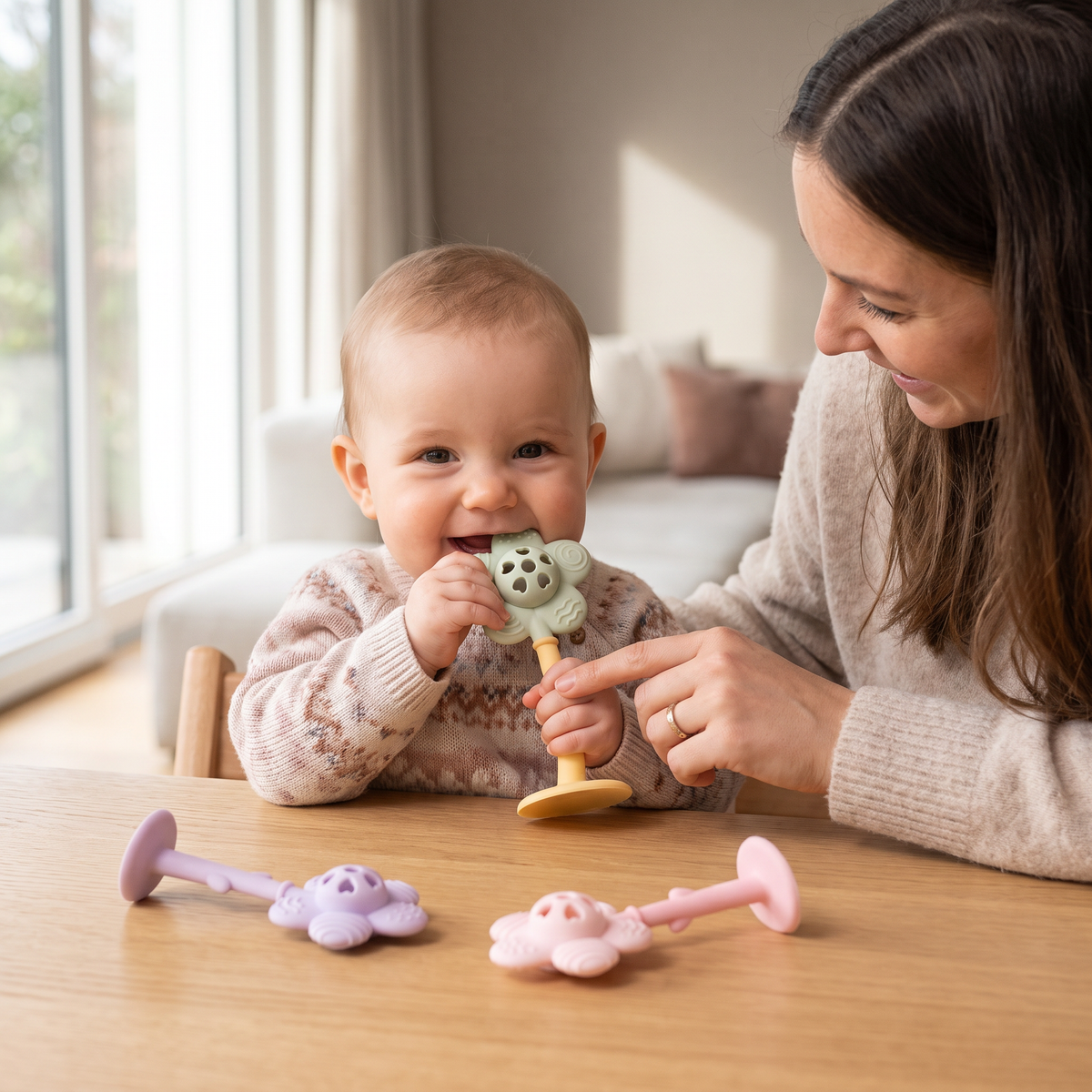 2-in-1 Sunflower Teething Ring & Rattle for Babies with Suction Cup Base