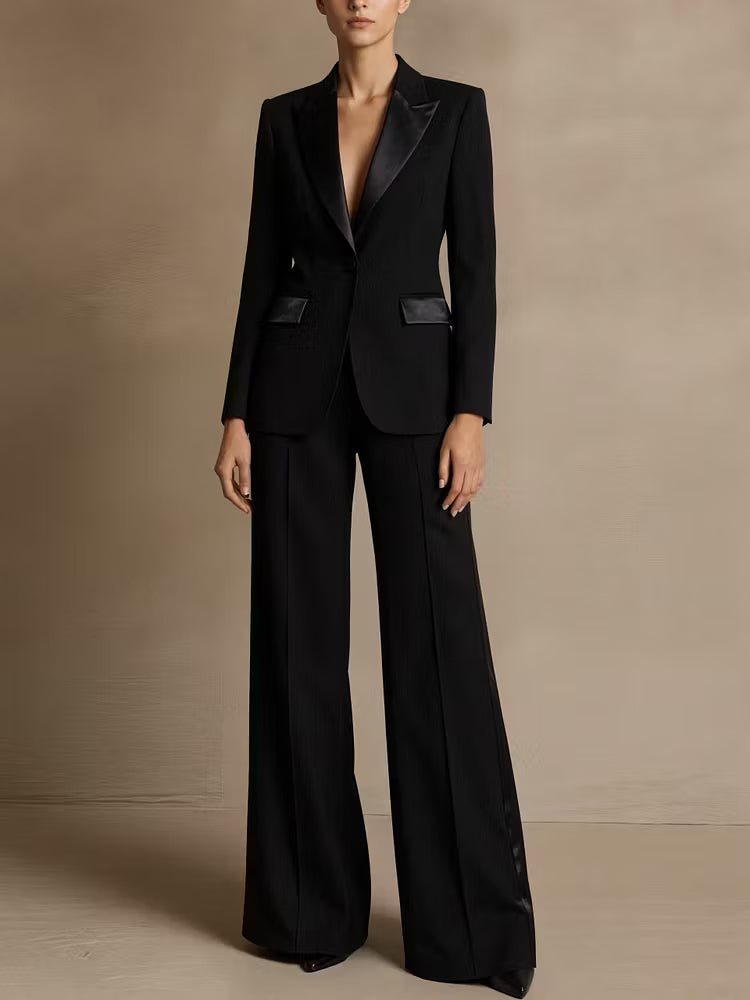 Two-Piece Set Featuring a Black Satin Blazer and Wide-Leg Trousers