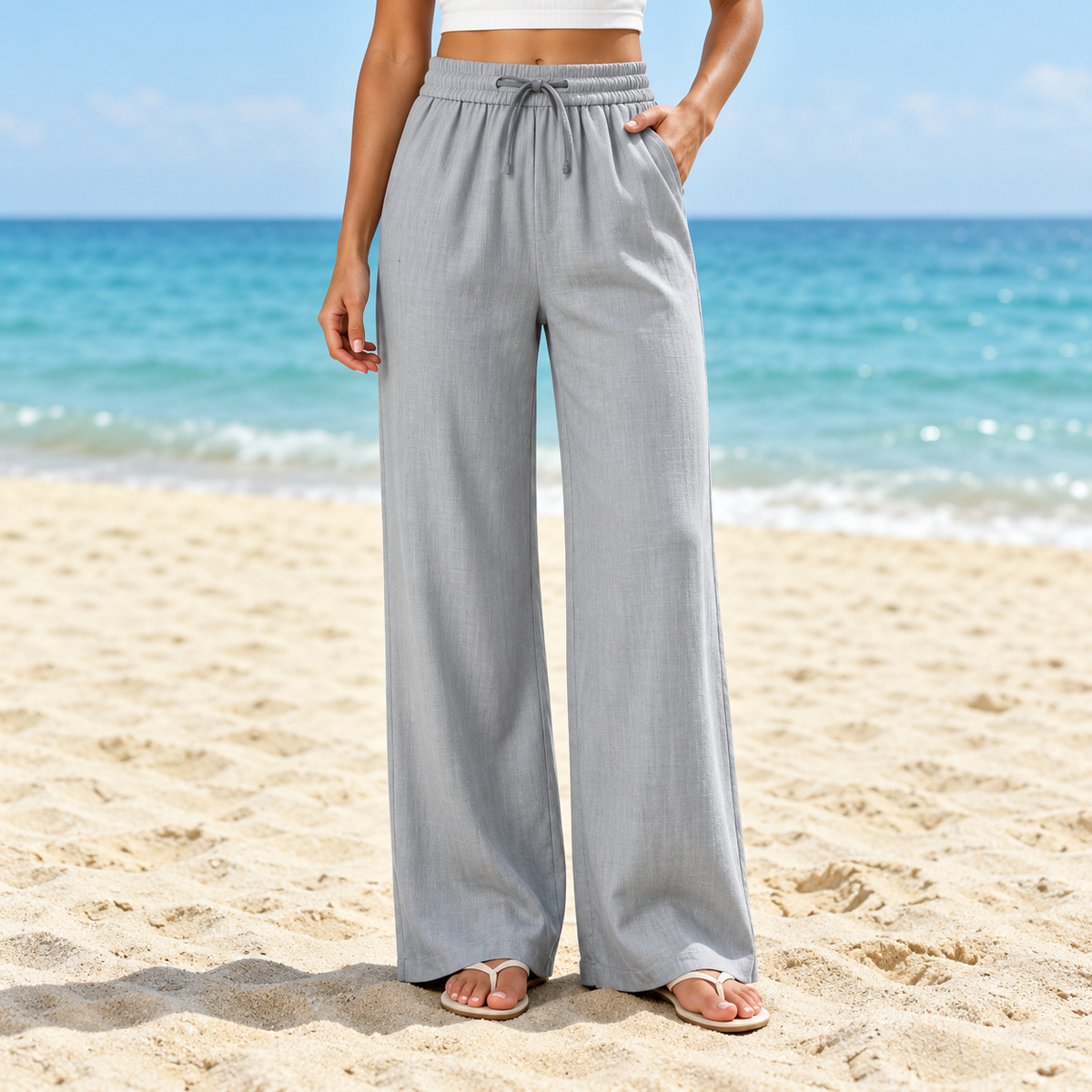 Linen Trousers with Loose Fit and Elastic Waist