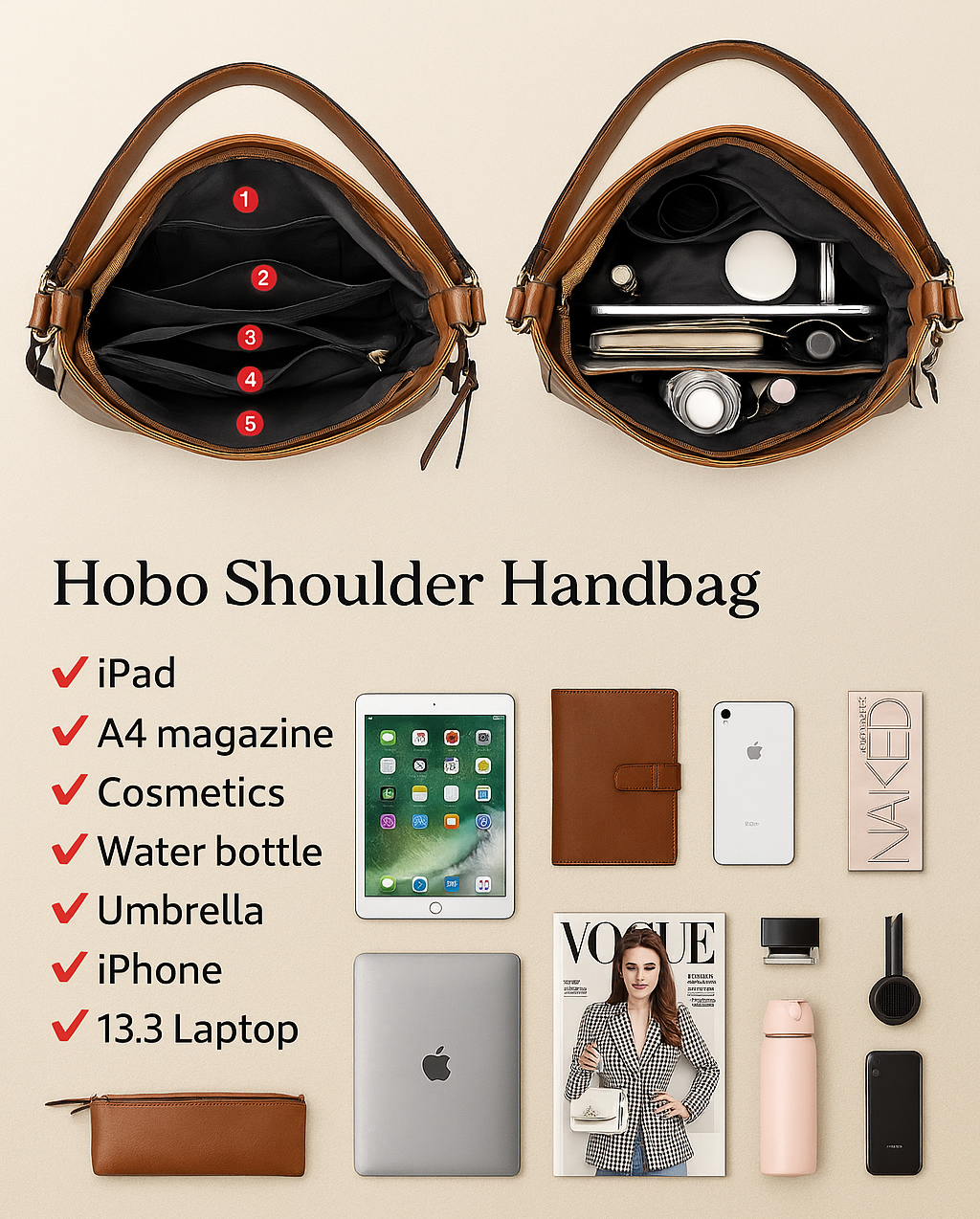 Luxury Leather 3-Piece Hobo Bag Set