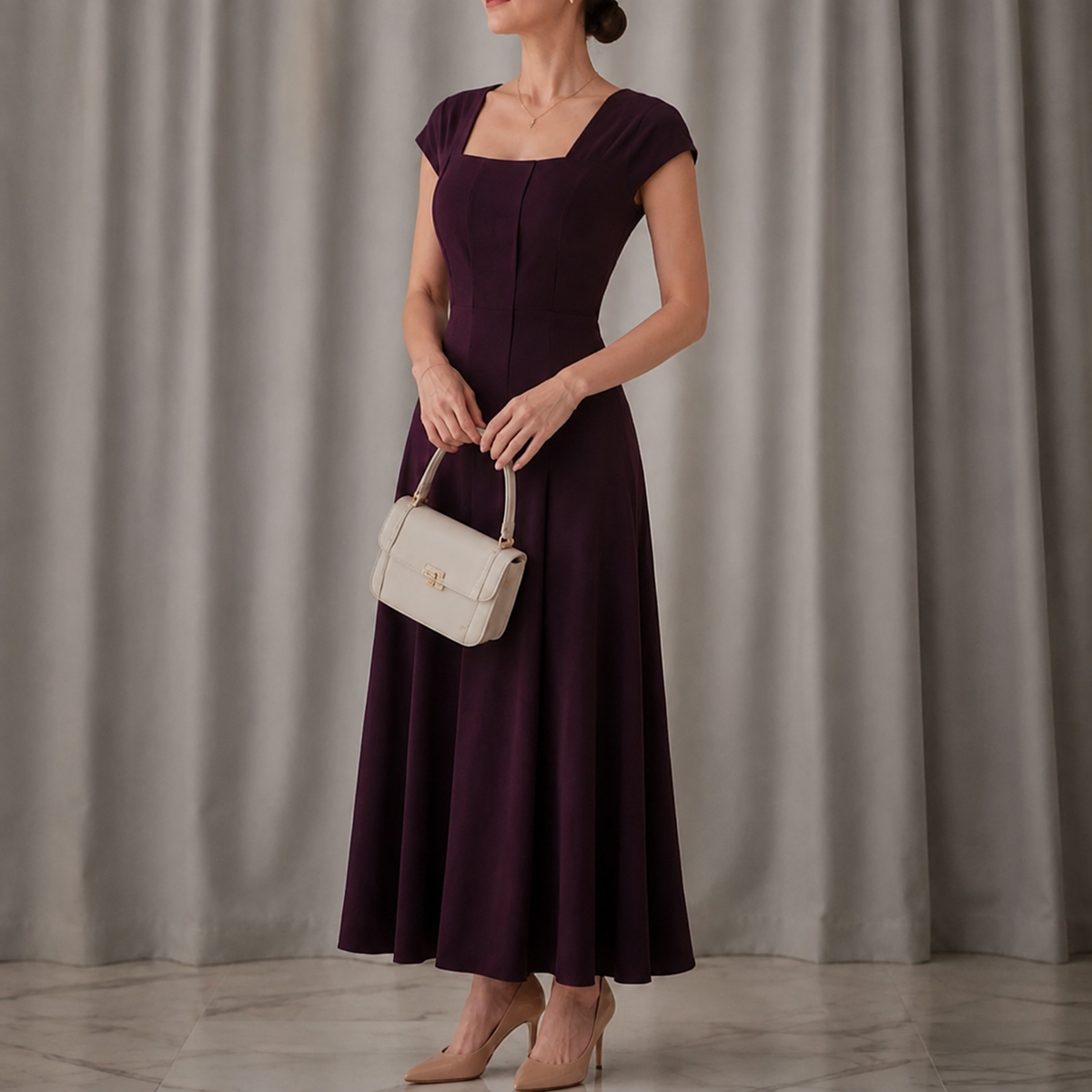Square Neck A-Line Midi Dress with Sculpted Waist