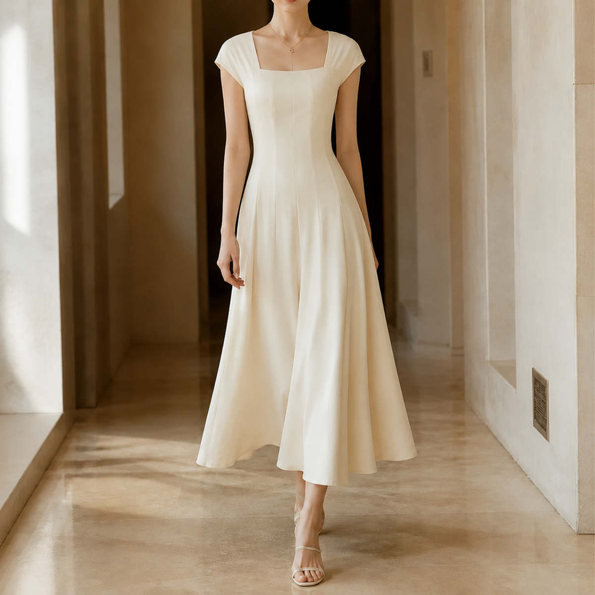 Square Neck A-Line Midi Dress with Sculpted Waist