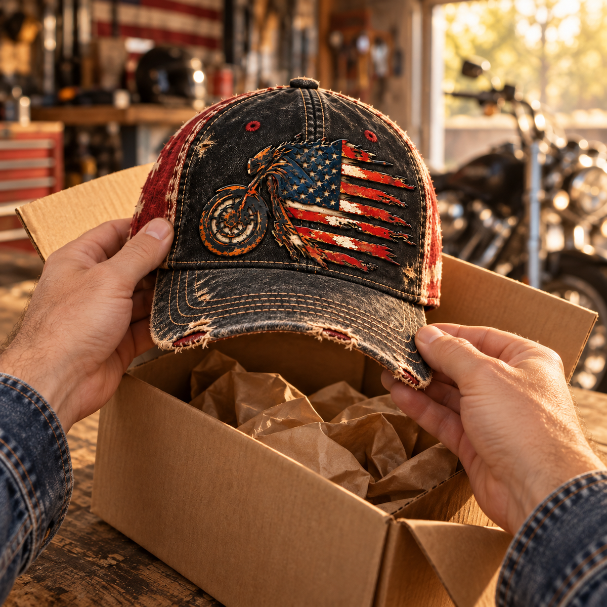 Vintage American Flag Motorcycle Baseball Cap – Distressed Retro Biker Hat