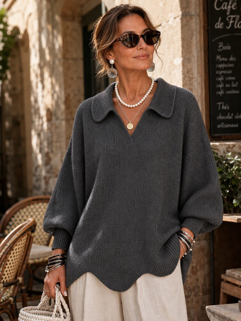 Chic Collared Scalloped Hem Knit Sweater
