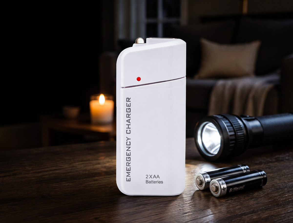 Portable Emergency Charger with AA Batteries – USB Charging, Compact and with LED Flashlight – Perfect for Travel, Commuting and Power Outages