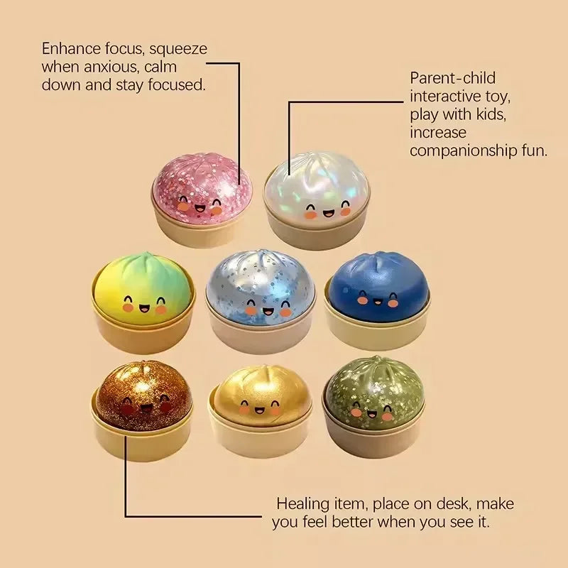 Dumpling Squishy Toy – Slow Rise Stress Relief Squeeze | Steamer Cage Design | 12 Collectible Styles