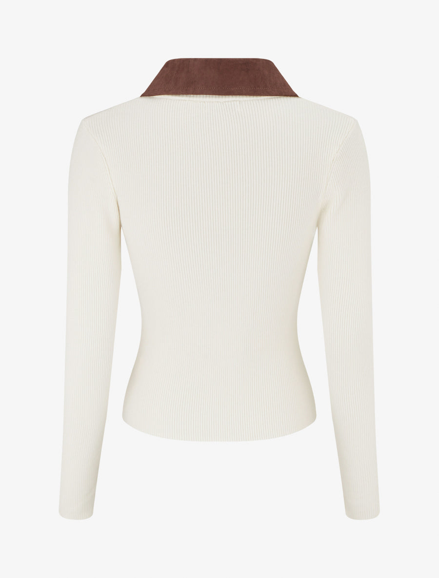 Fine Ribbed Knit Sweater with Buttoned Suede-Effect Collar - Ecru