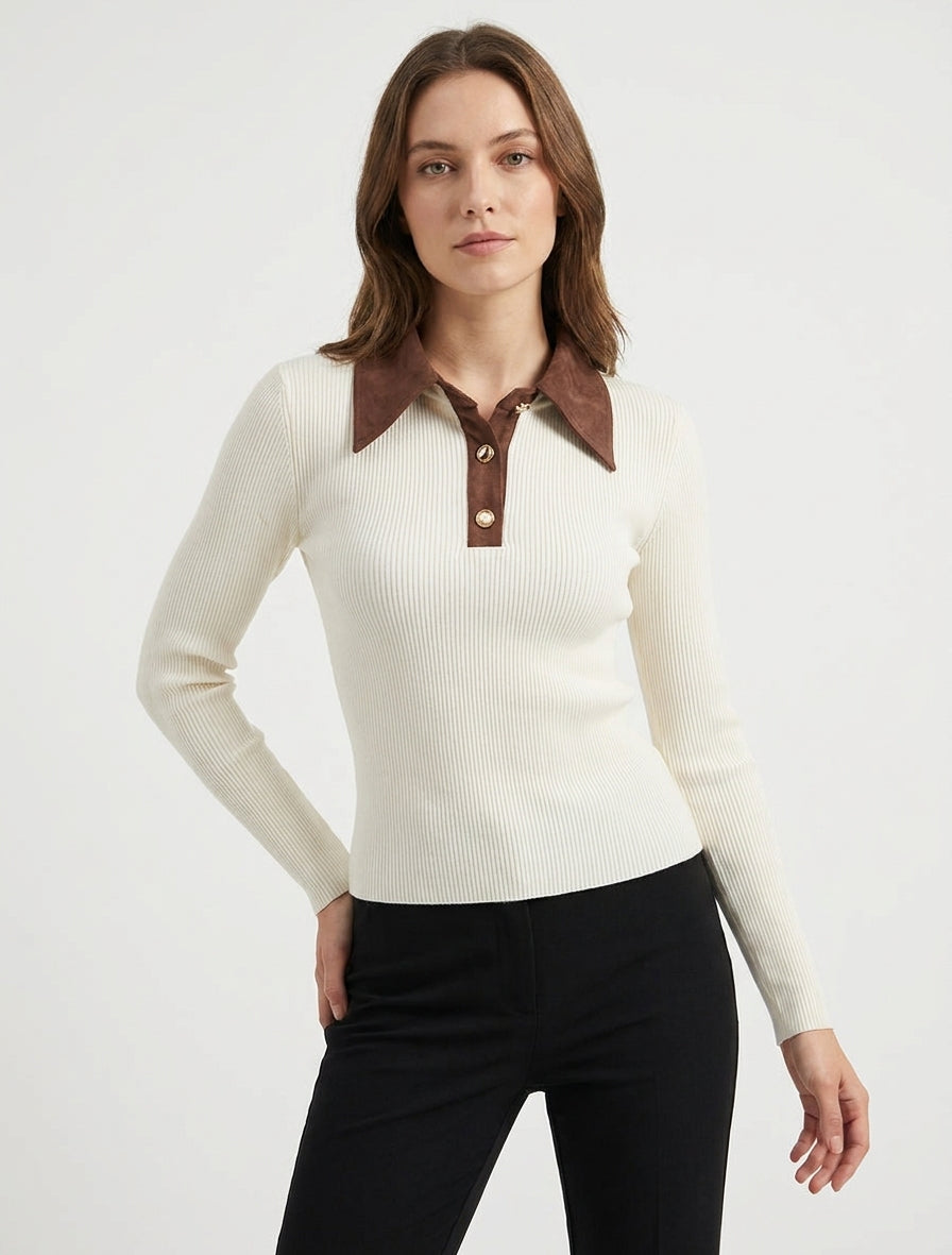 Fine Ribbed Knit Sweater with Buttoned Suede-Effect Collar - Ecru