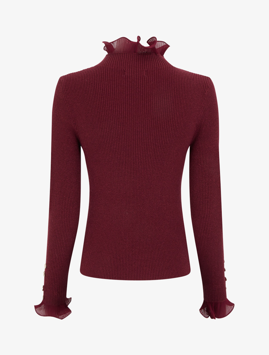 Glittery Sweater with Pleated Ruffles - Burgundy