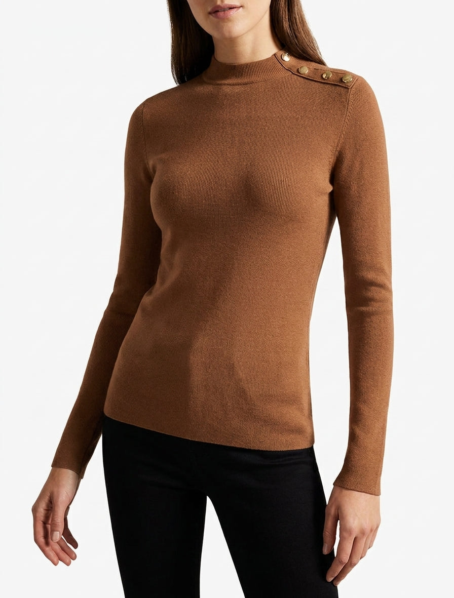 Fitted High-Neck Sweater with Gold Buttons