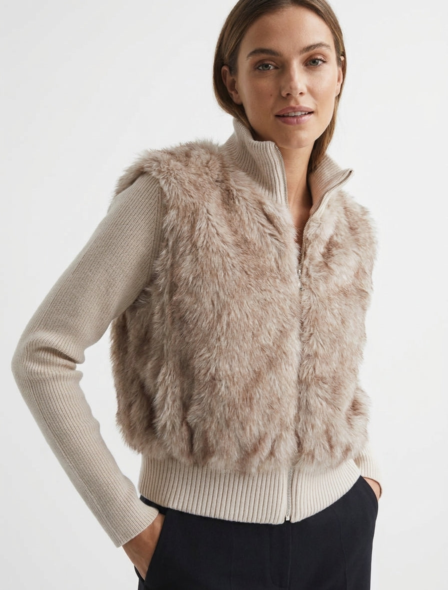 Ribbed Jacket with High Collar and Fur