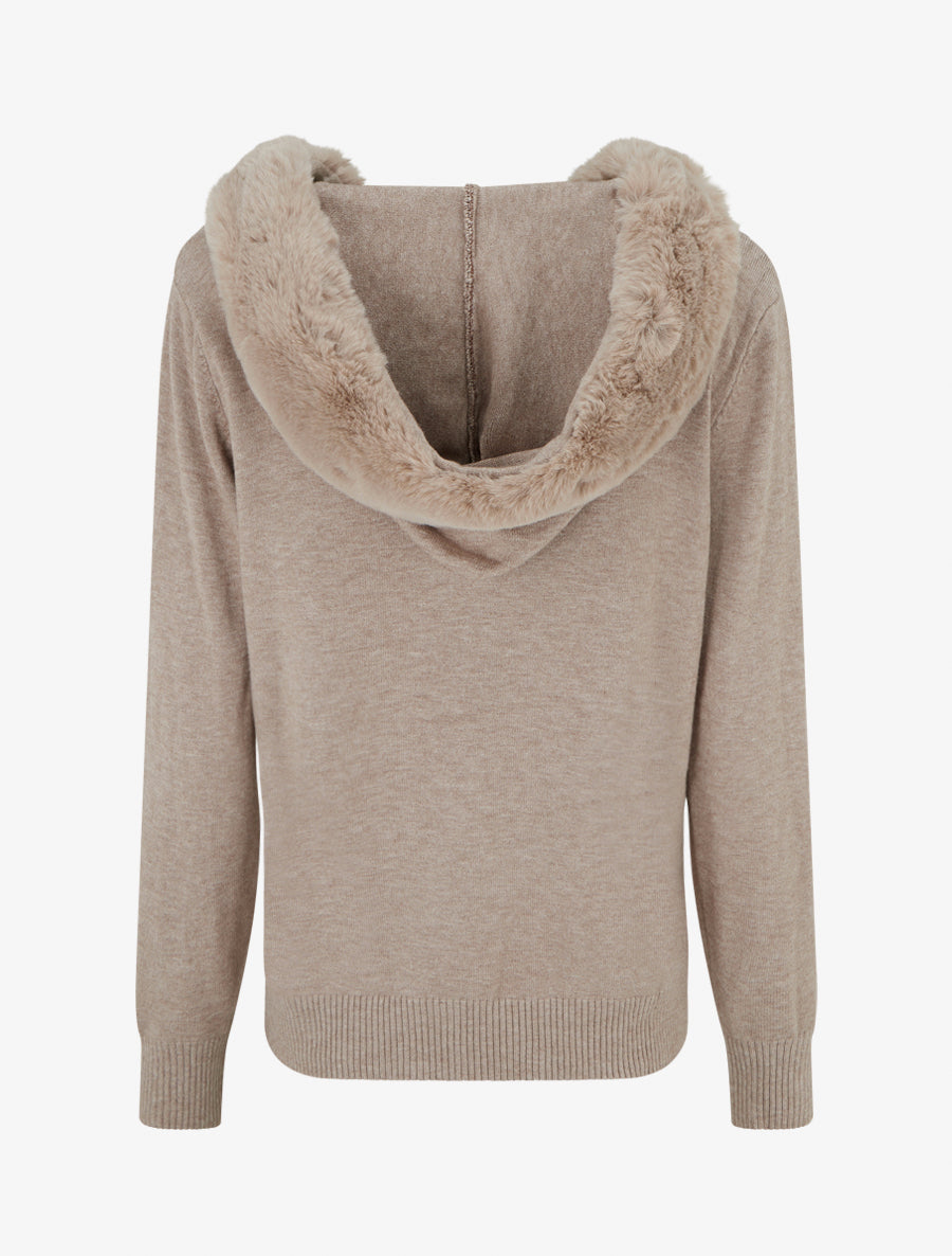 Synthetic Fur Hooded Sweatshirt - Taupe