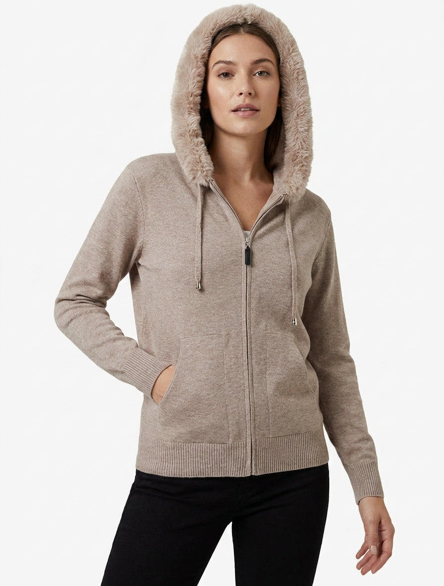 Synthetic Fur Hooded Sweatshirt - Taupe
