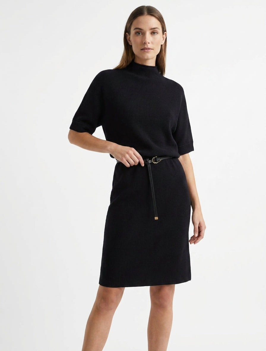 Belted High Neck Sweater Dress
