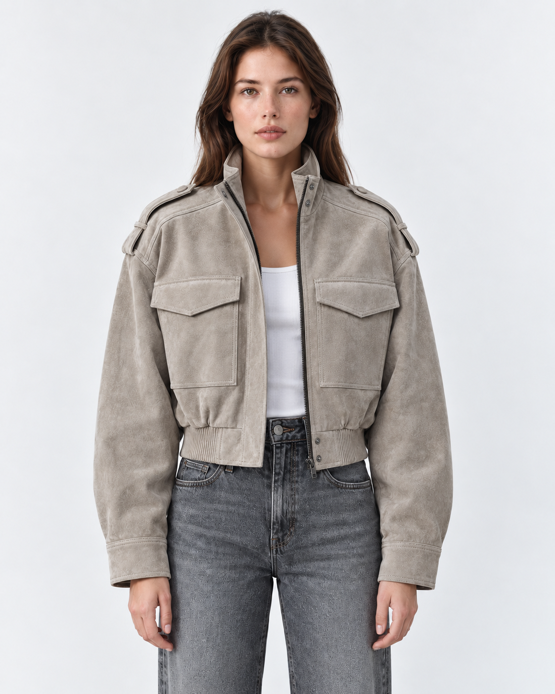 Suede Cropped Bomber Jacket in Gray