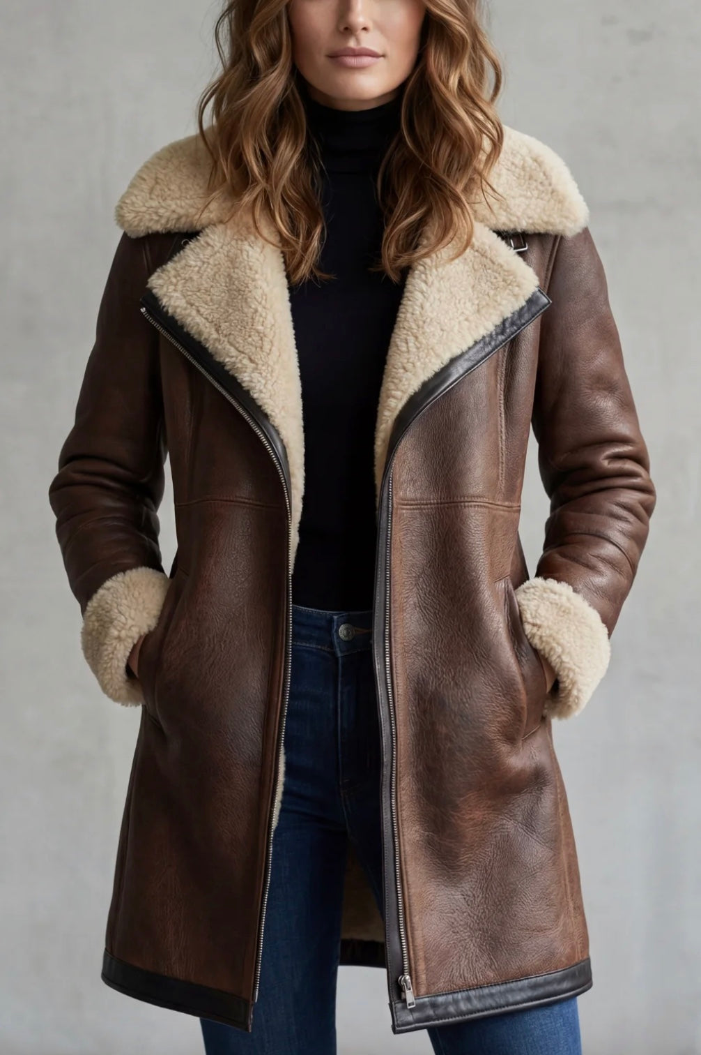 Women's Elegant Leather Coat with Shearling Lining