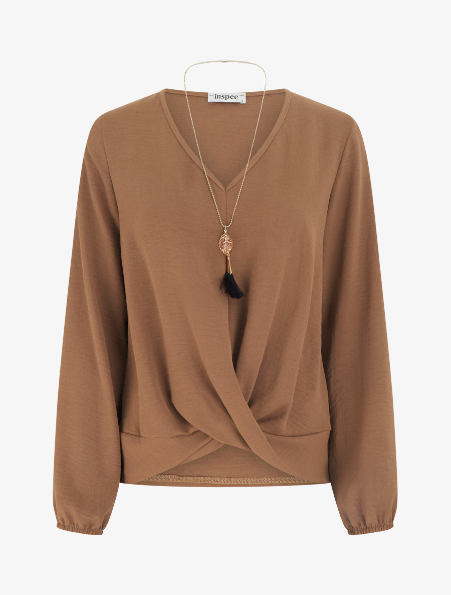 Flowing V-Neck Long Sleeve Top - Camel