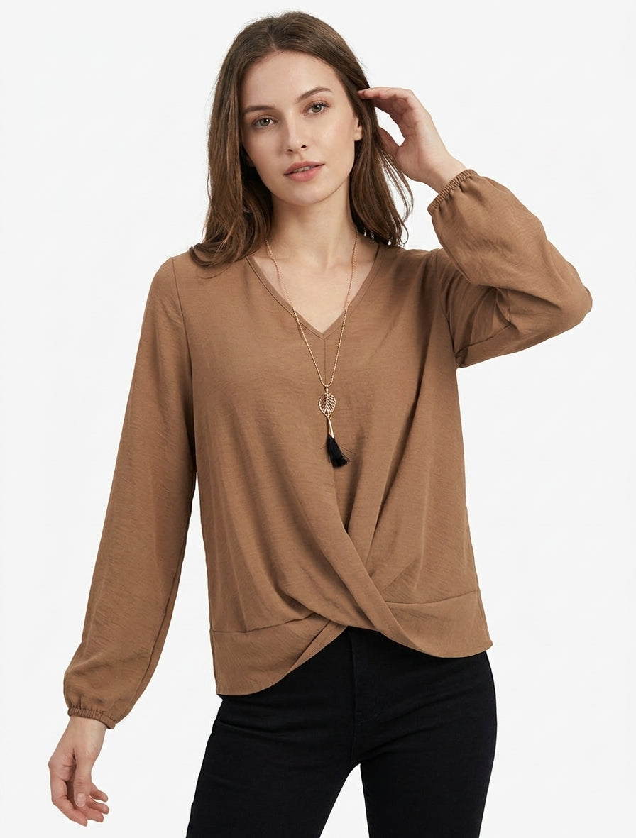 Flowing V-Neck Long Sleeve Top - Camel