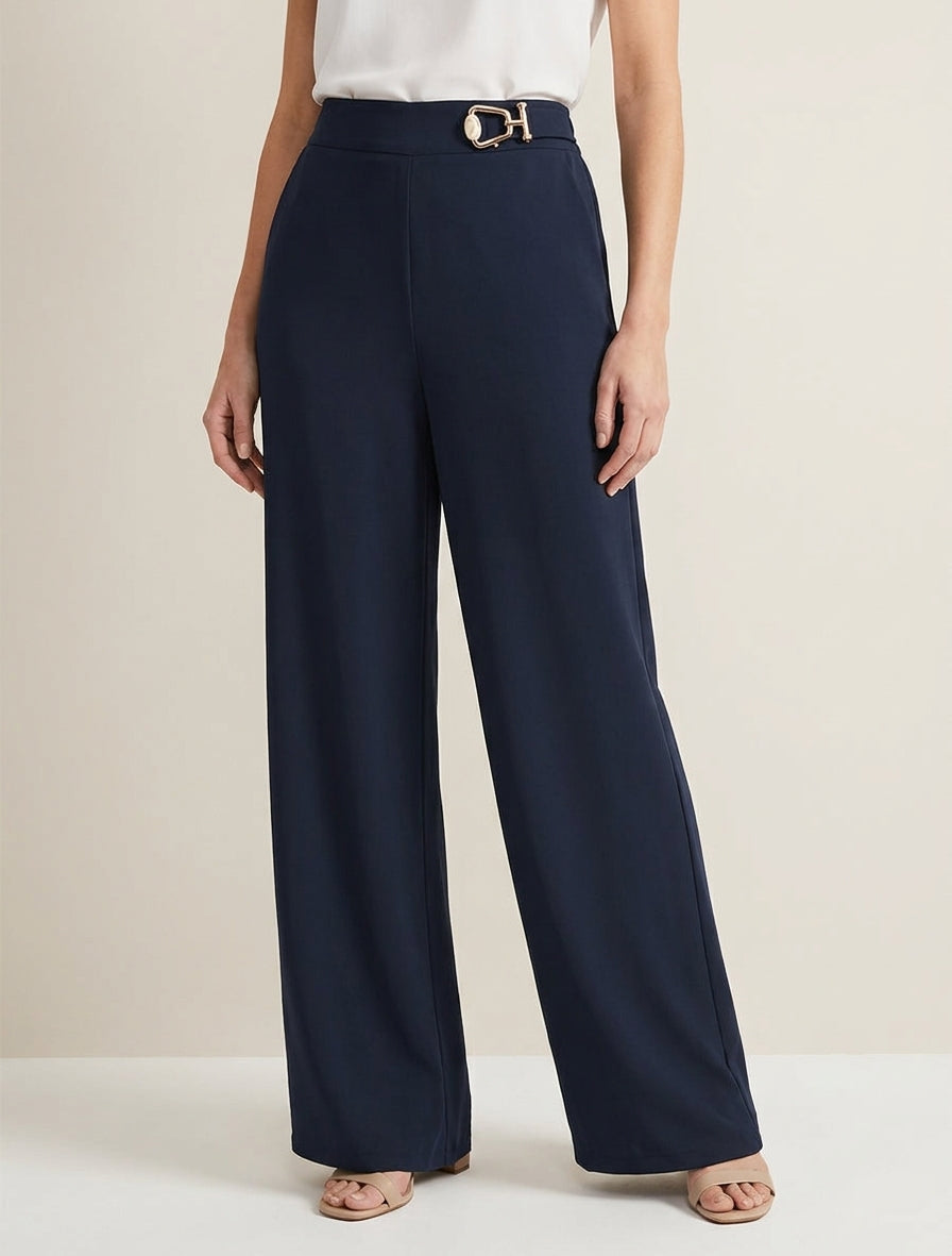 High-Waisted Flowing Trousers with Jewel Detail