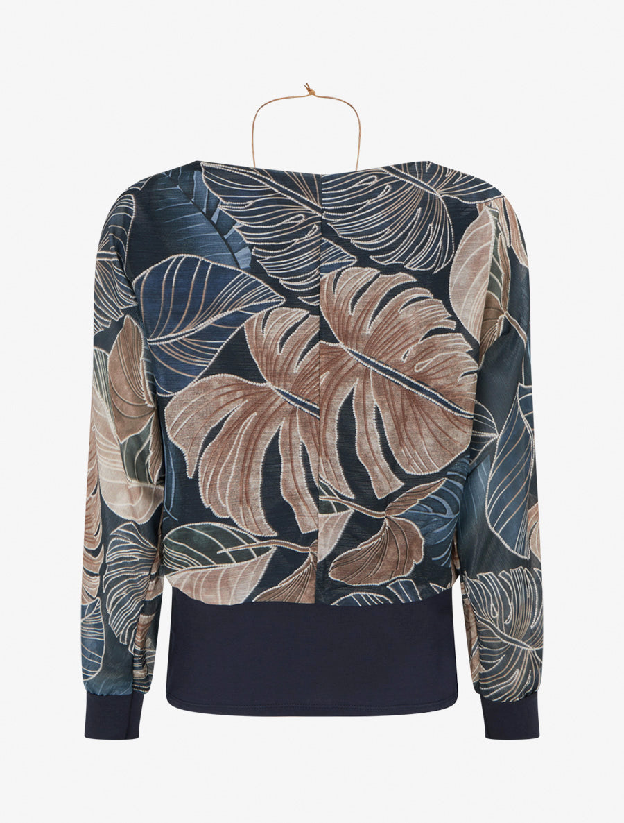 Sheer Balloon-Cut Top with Tropical Print