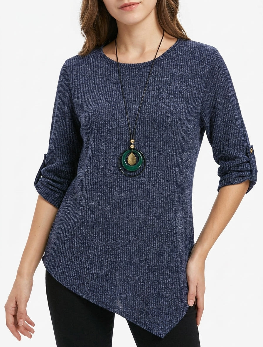 Ribbed Asymmetric Round Neck Sweater