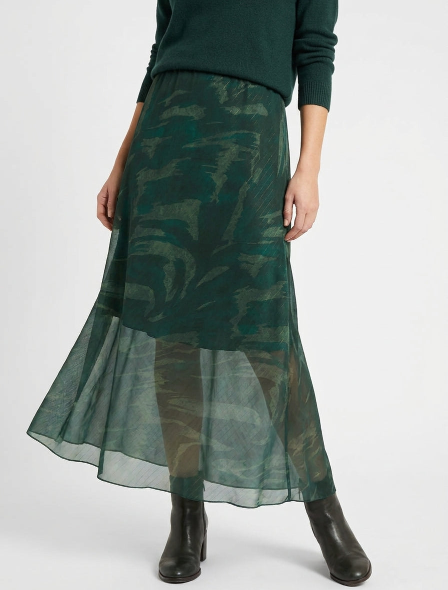 High-Waisted Long Skirt with Iridescent Veil - Dark Green