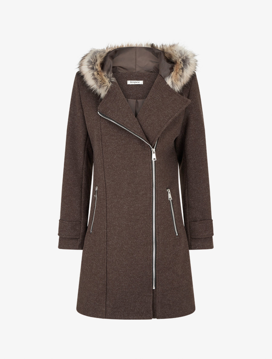 Long Hooded Coat with Fur - Chocolate