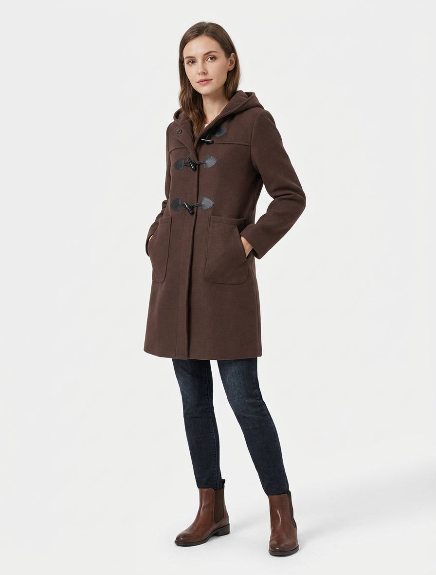 Duffle Coat with Toggle Fastenings and Hood - Brown