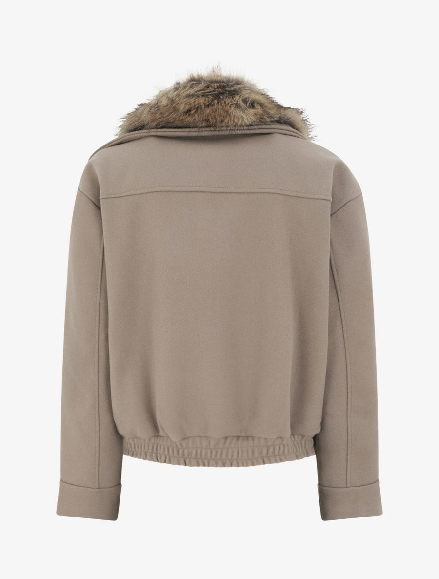 Straight Biker Jacket with Removable Fur - Taupe